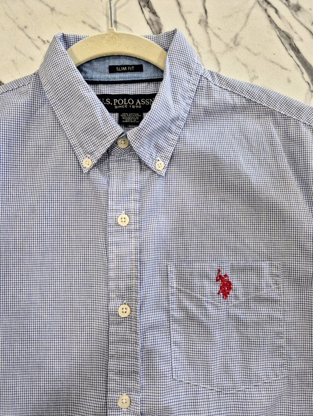 US Polo Assn Short Sleeve Button Down Shirt, Mens Slim Fit Medium, Blue Check - Picture 8 of 14